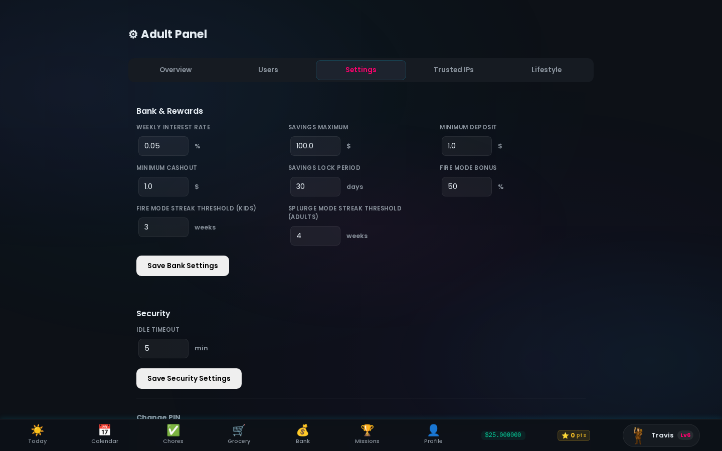 Adult Panel Settings tab showing bank rates, streak thresholds, and security config