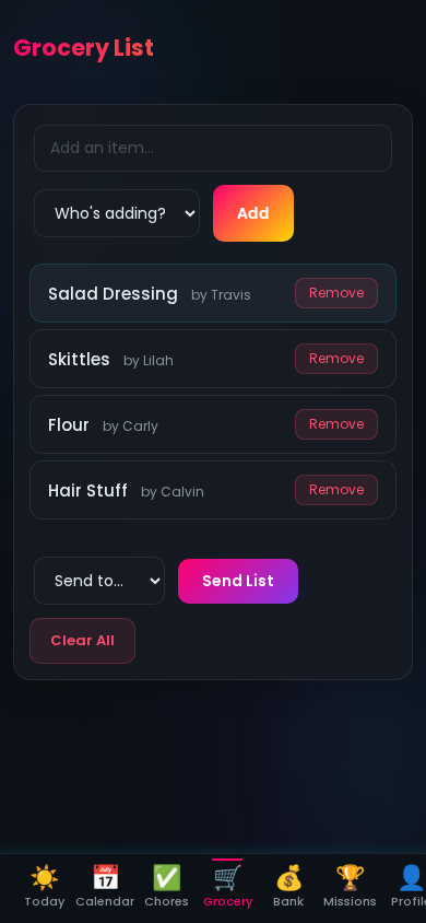 Shared grocery list showing items added by different family members