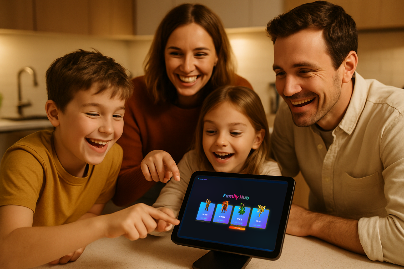 Family gathered around a tablet on a kitchen counter showing the FamilyQuest login screen