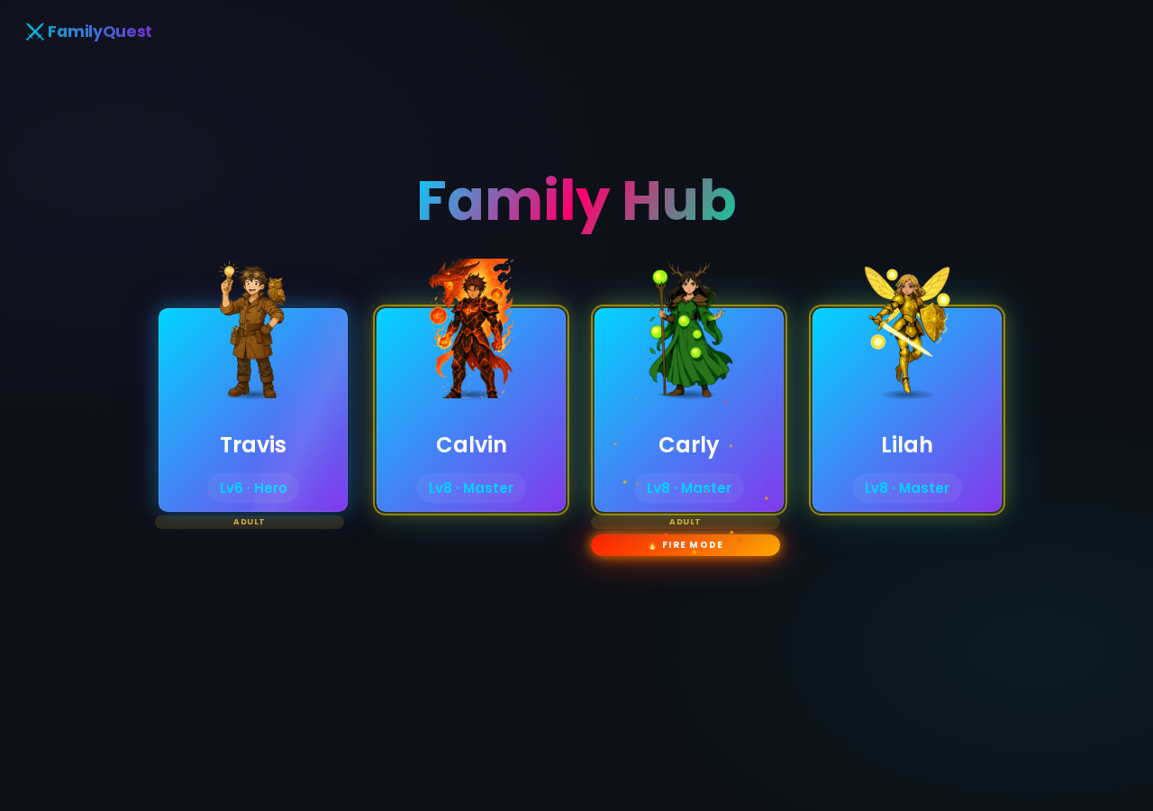 FamilyQuest family login — character cards for each family member