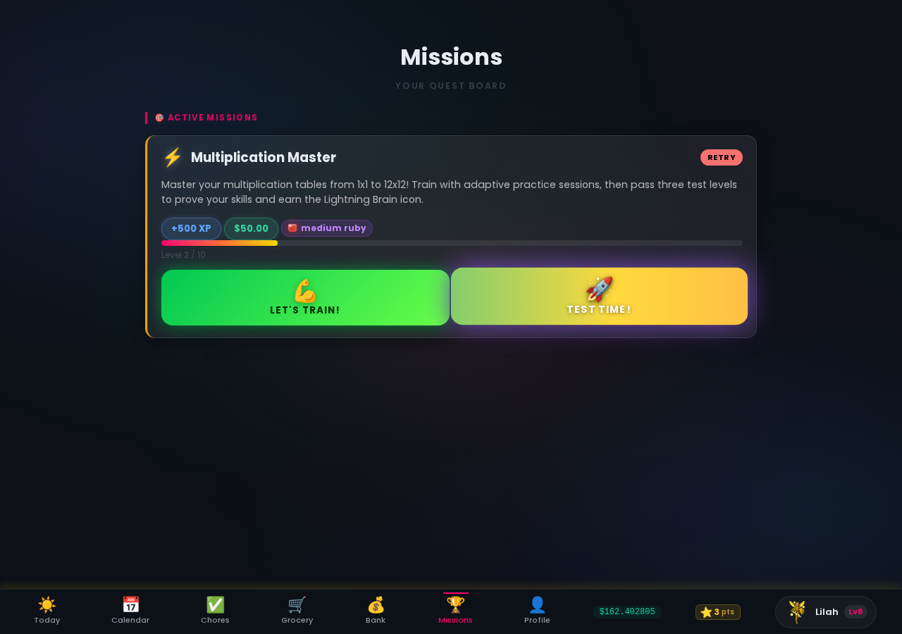 Lilah's missions page showing Multiplication Master in training