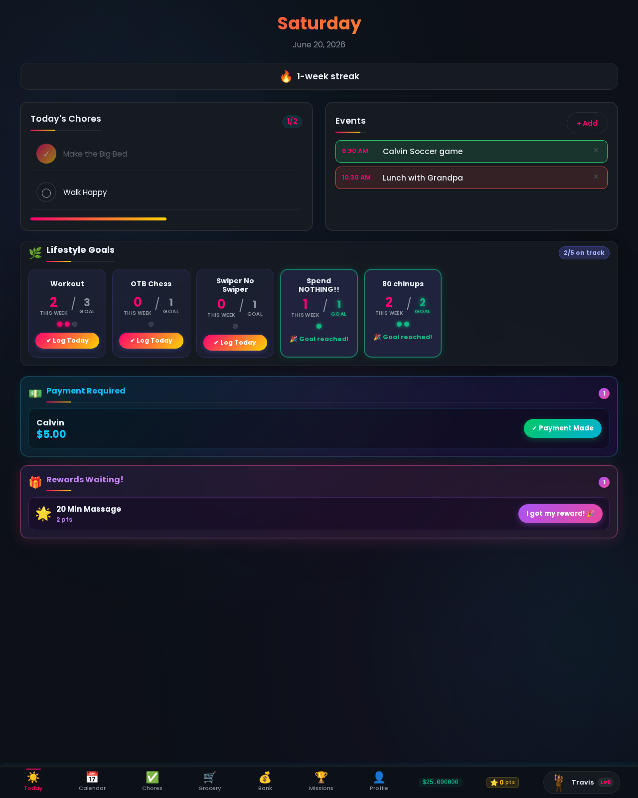 Travis's Today page showing streak, chores, lifestyle goals, calendar events, and rewards waiting
